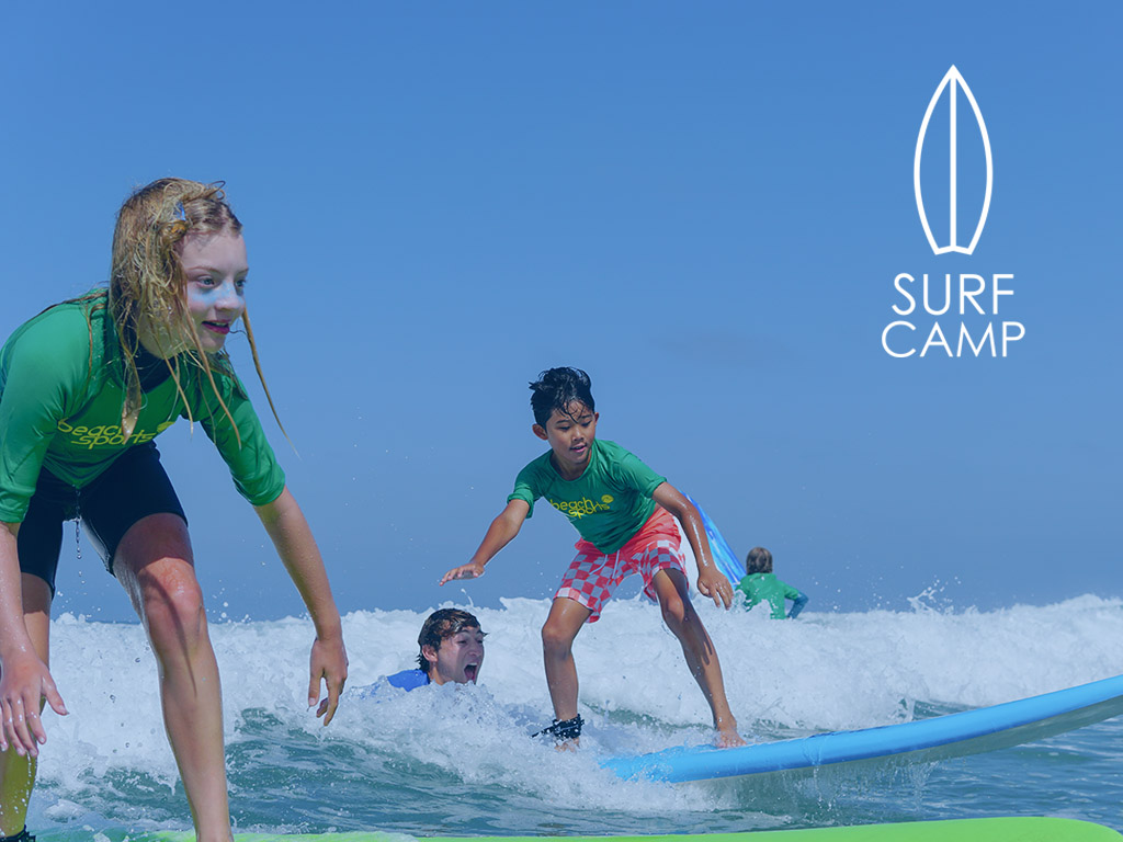Surf camp logo over image of kids learning how to surf in Manhattan Beach